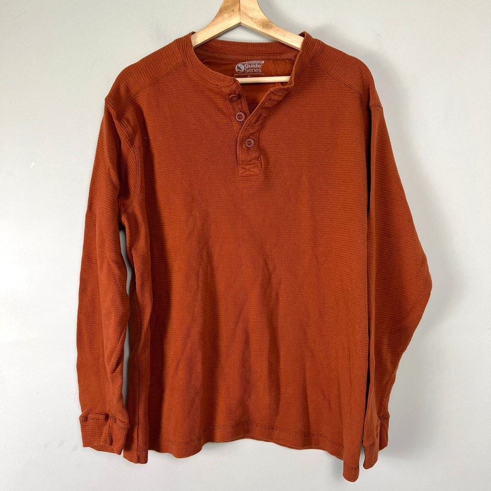 Gander Mountain Men XL Burnt Orange Waffle Knit Henley Shirt XL Grunge y2k Cabin